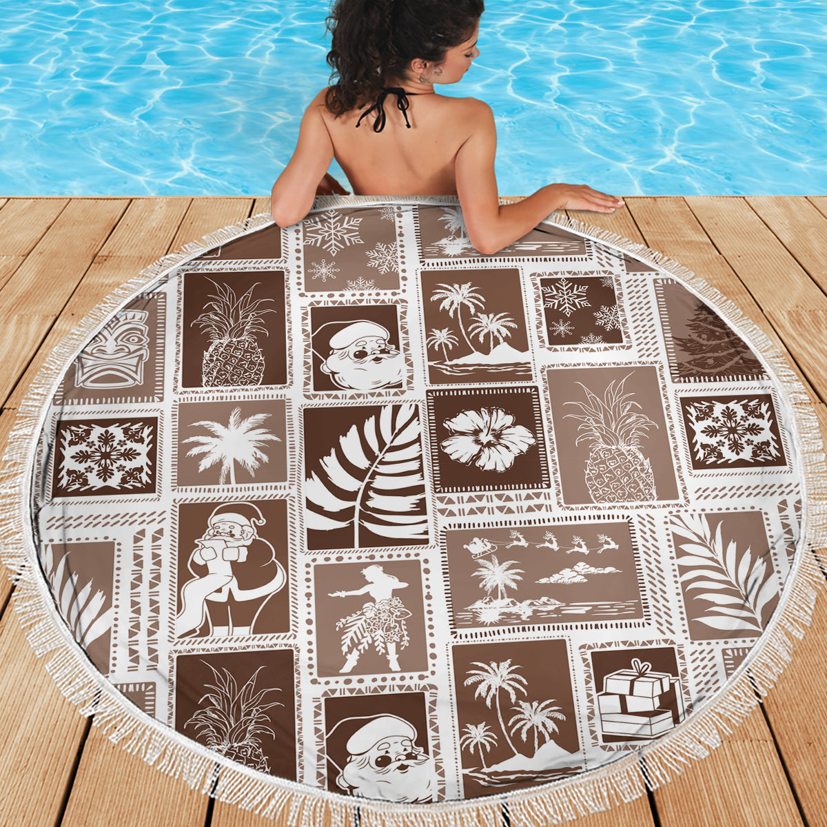Hawaii Christmas Retro Patchwork Beach Blanket Brown LT7 - Wonder Print Shop