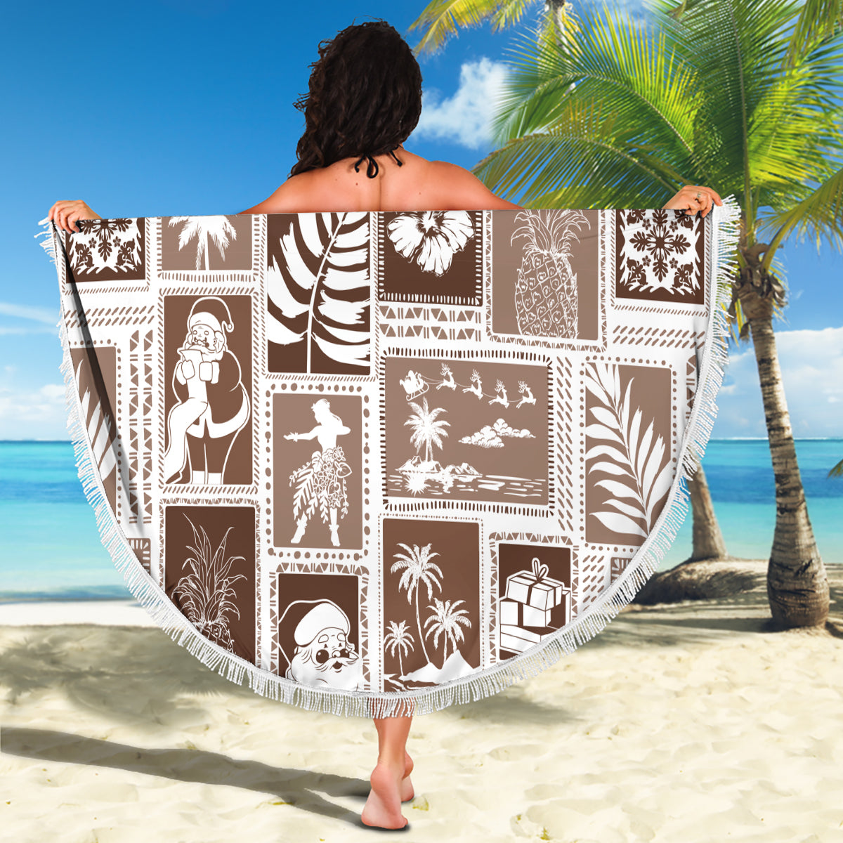 Hawaii Christmas Retro Patchwork Beach Blanket Brown LT7 - Wonder Print Shop