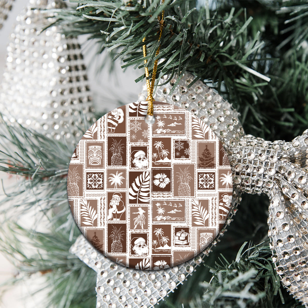 Hawaii Christmas Ceramic Ornament Retro Patchwork - Brown LT7 - Wonder Print Shop