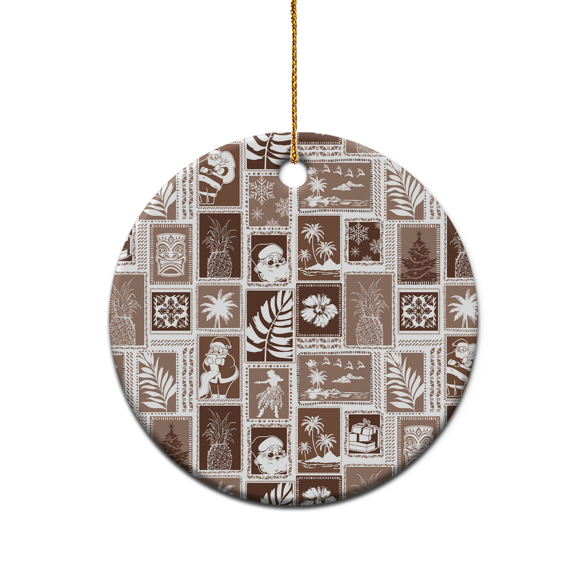 Hawaii Christmas Ceramic Ornament Retro Patchwork - Brown LT7 - Wonder Print Shop