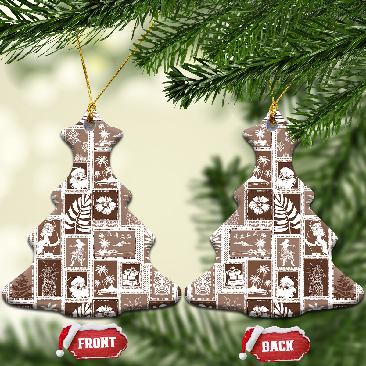 Hawaii Christmas Ceramic Ornament Retro Patchwork - Brown LT7 - Wonder Print Shop