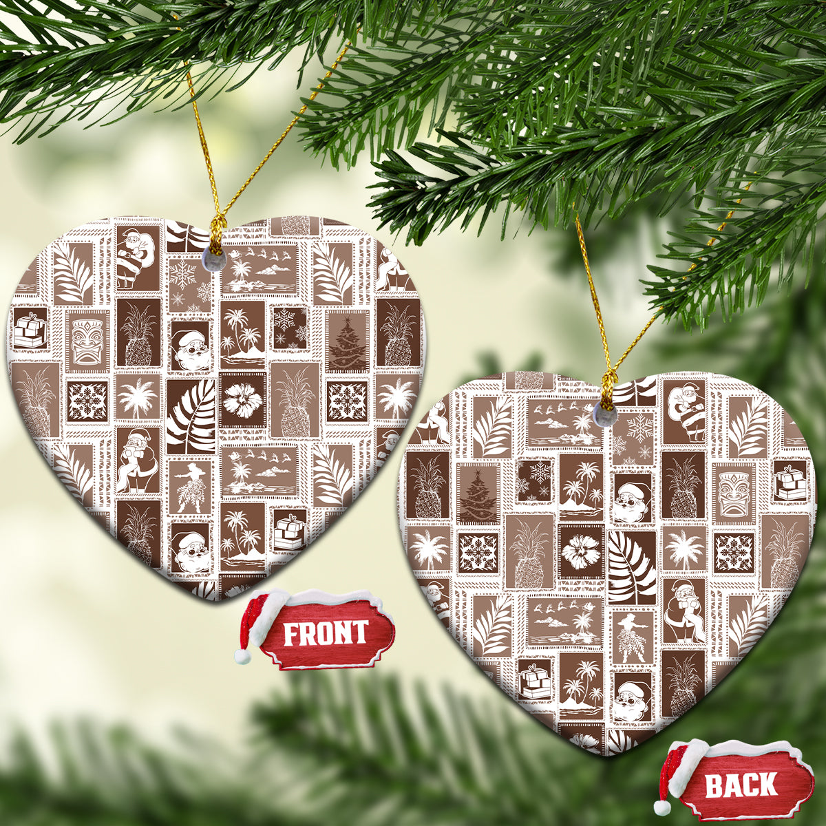 Hawaii Christmas Ceramic Ornament Retro Patchwork - Brown LT7 - Wonder Print Shop