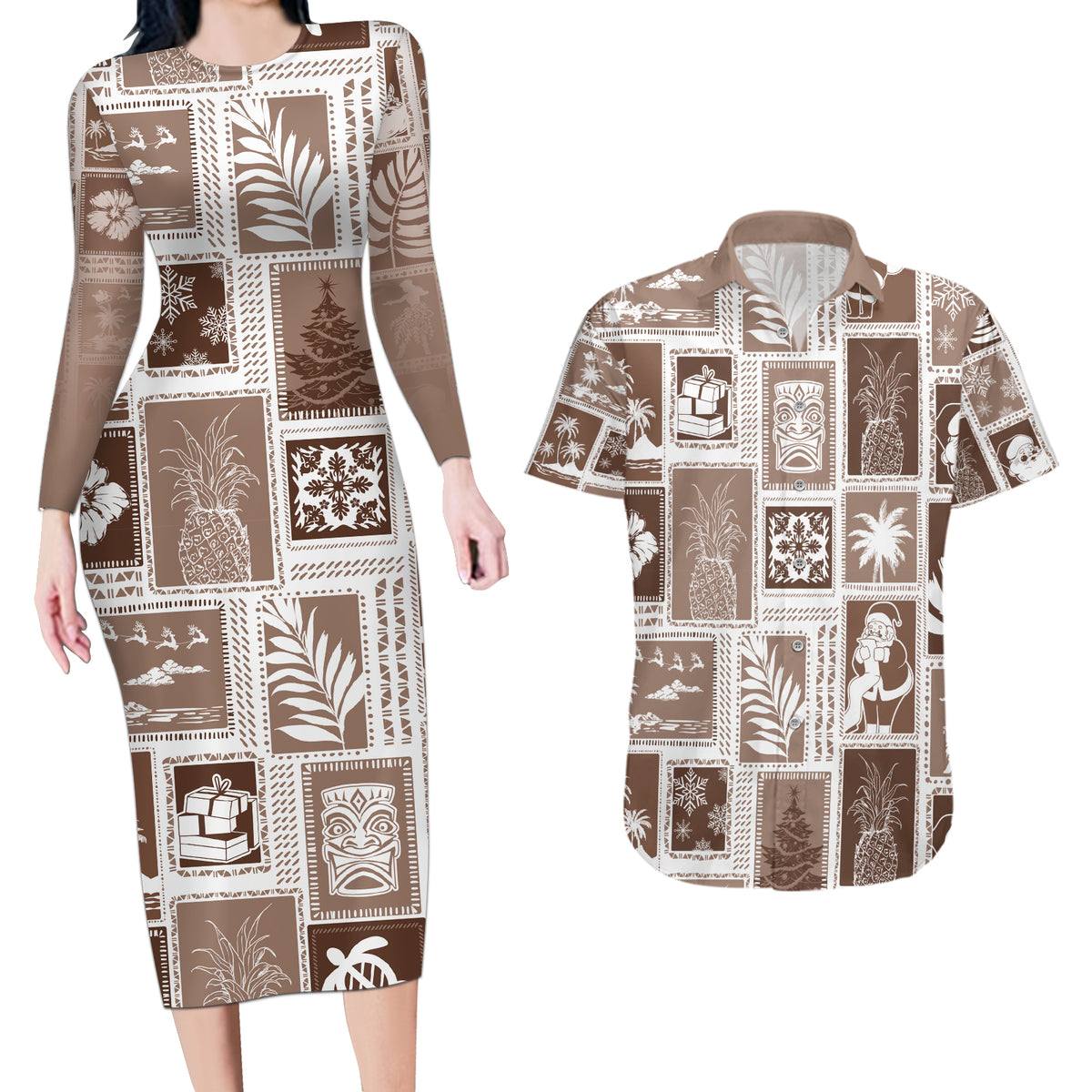 Hawaii Christmas Retro Patchwork Couples Matching Long Sleeve Bodycon Dress and Hawaiian Shirt Brown LT7 - Wonder Print Shop