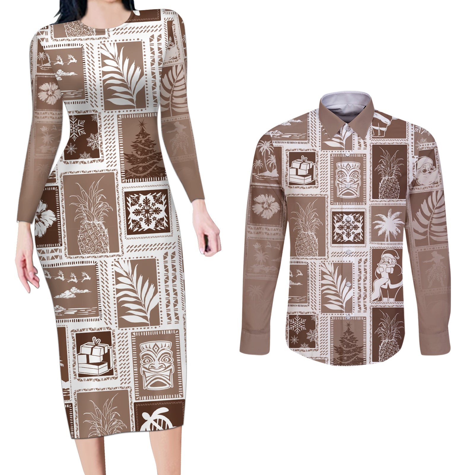 Hawaii Christmas Retro Patchwork Couples Matching Long Sleeve Bodycon Dress and Long Sleeve Button Shirt Brown LT7 - Wonder Print Shop