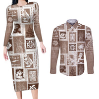 Hawaii Christmas Retro Patchwork Couples Matching Long Sleeve Bodycon Dress and Long Sleeve Button Shirt Brown LT7 - Wonder Print Shop