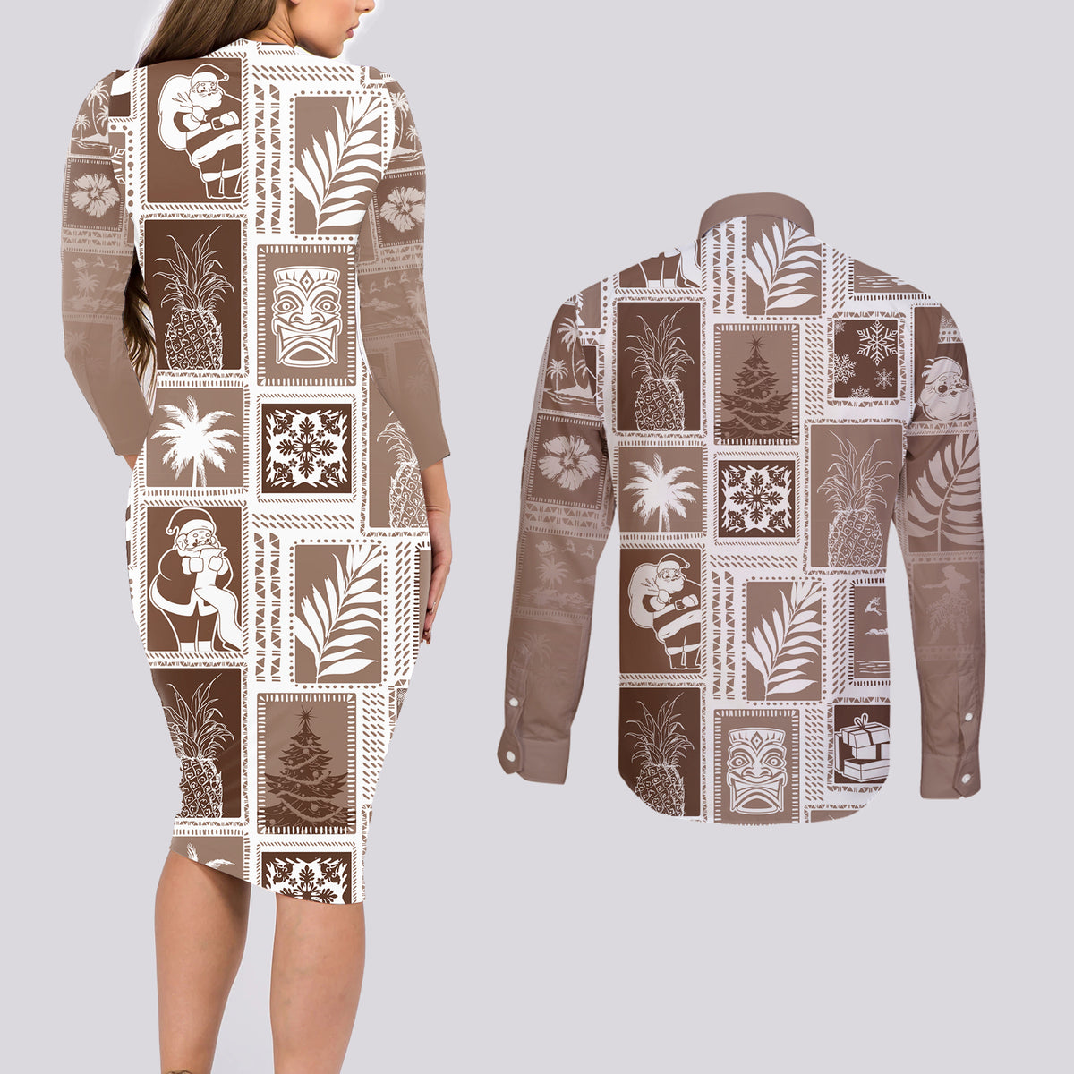Hawaii Christmas Retro Patchwork Couples Matching Long Sleeve Bodycon Dress and Long Sleeve Button Shirt Brown LT7 - Wonder Print Shop