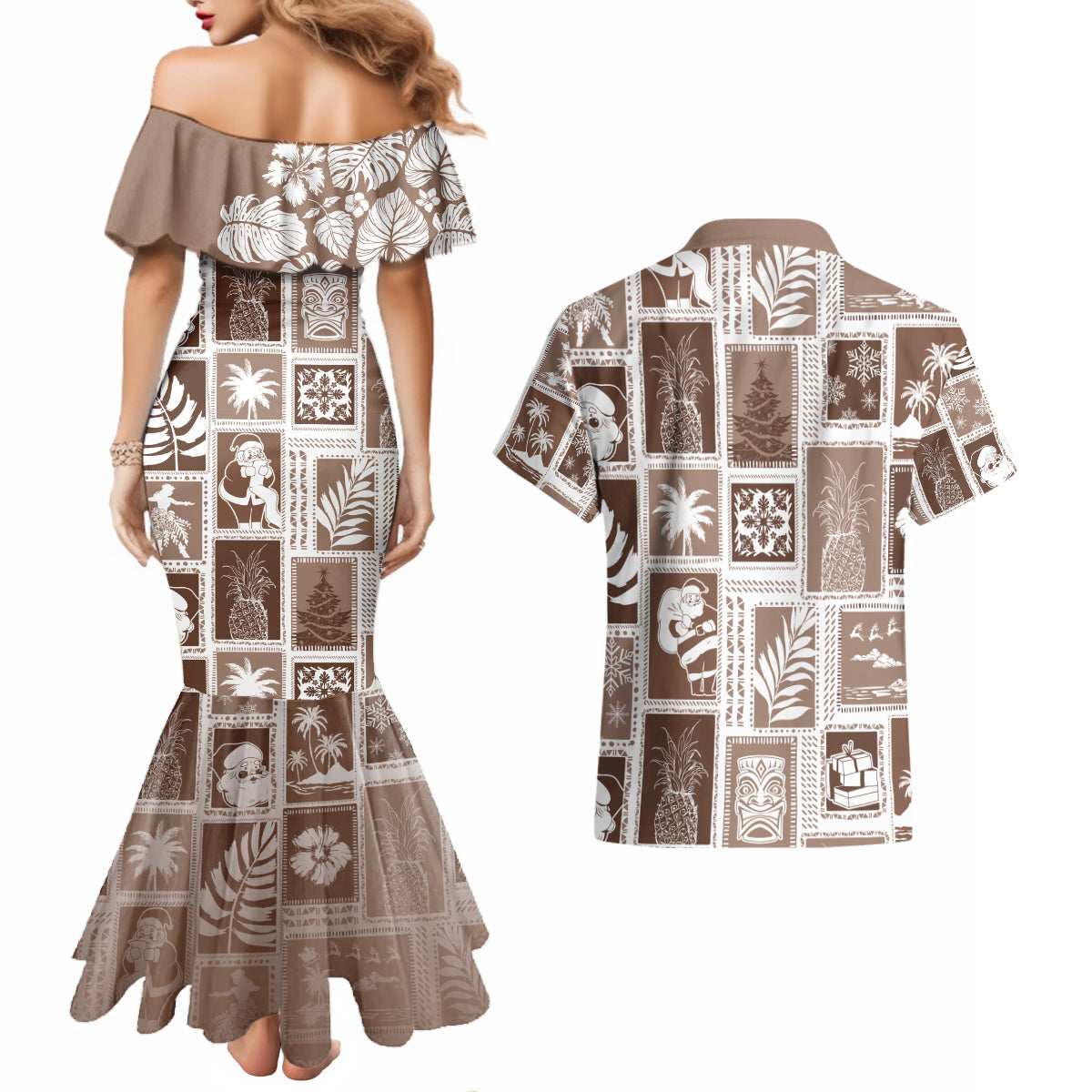 Hawaii Christmas Retro Patchwork Couples Matching Mermaid Dress and Hawaiian Shirt Brown LT7 - Wonder Print Shop