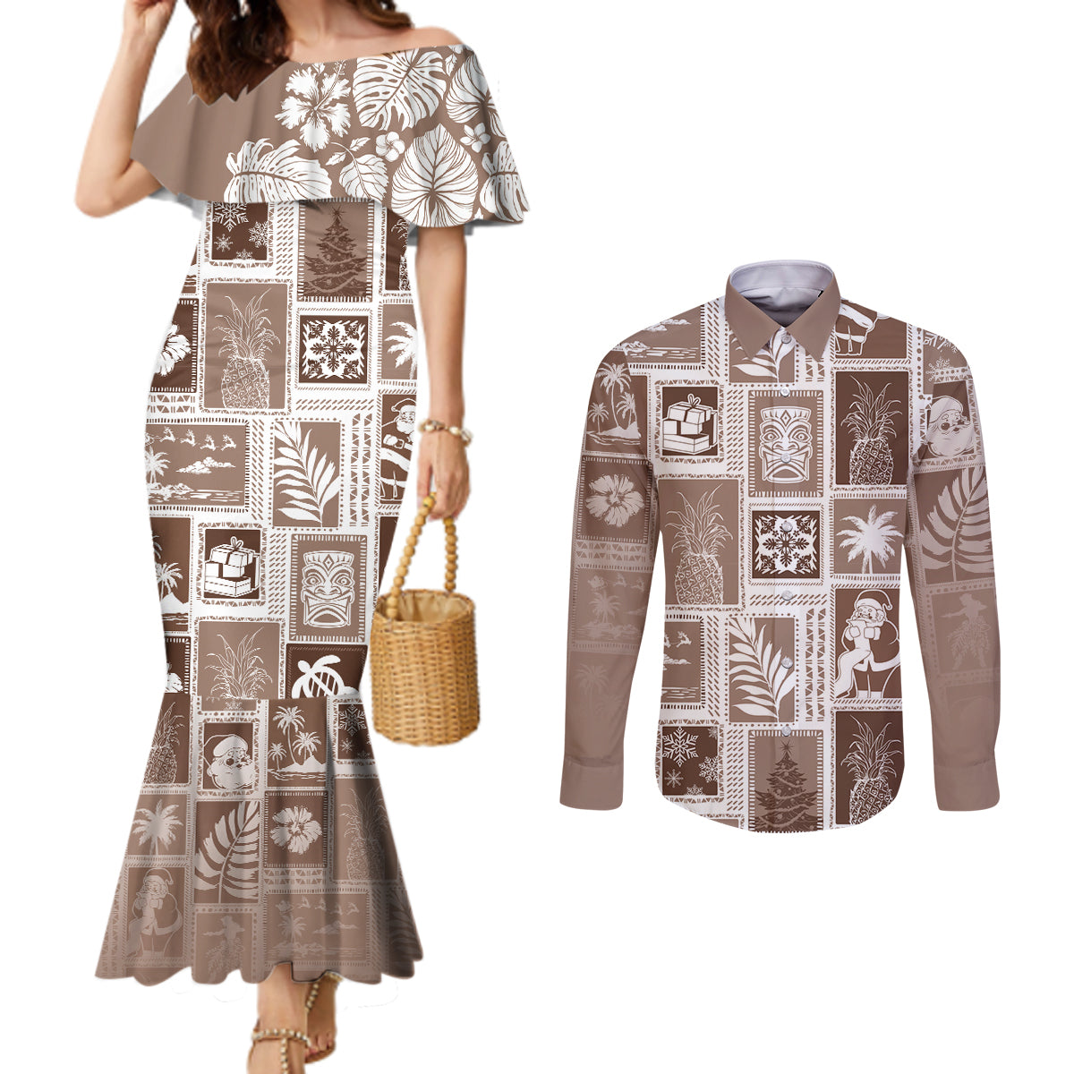 hawaii-christmas-retro-patchwork-couples-matching-mermaid-dress-and-long-sleeve-button-shirt-brown