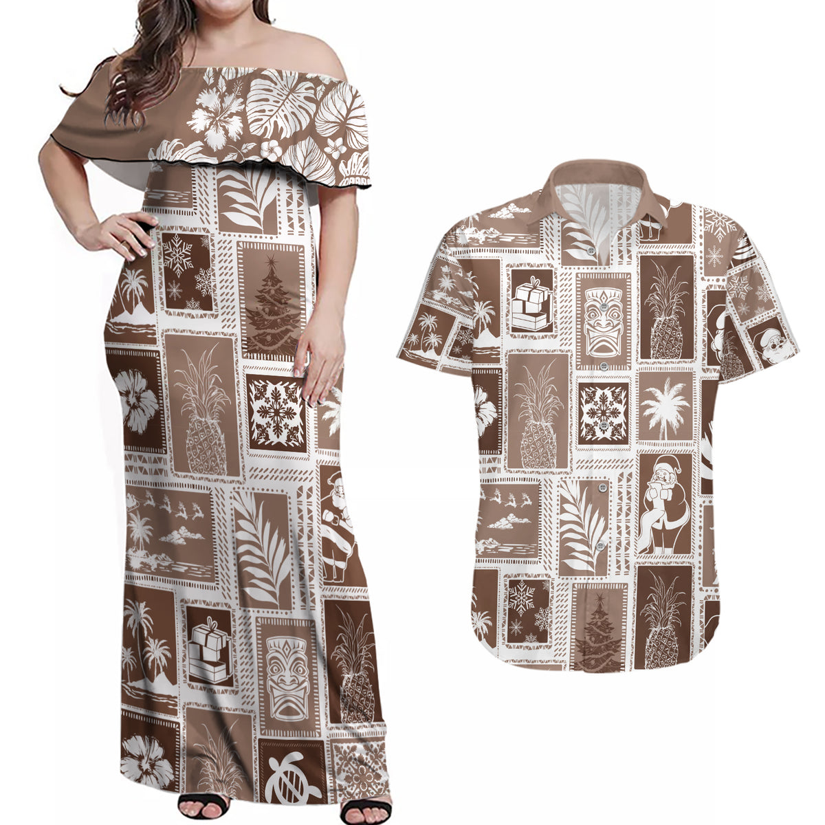Hawaii Christmas Retro Patchwork Couples Matching Off Shoulder Maxi Dress and Hawaiian Shirt Brown LT7 - Wonder Print Shop