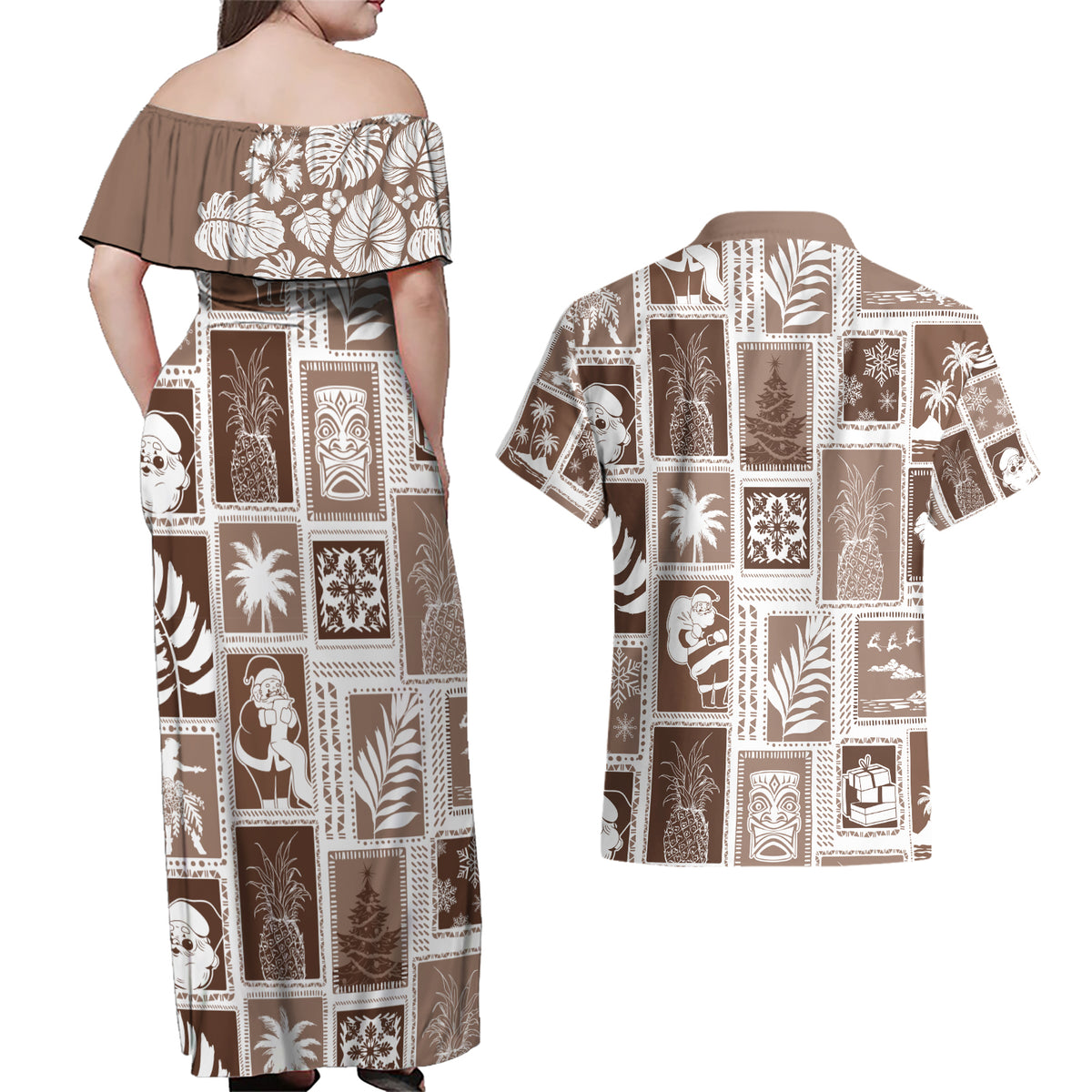 Hawaii Christmas Retro Patchwork Couples Matching Off Shoulder Maxi Dress and Hawaiian Shirt Brown LT7 - Wonder Print Shop