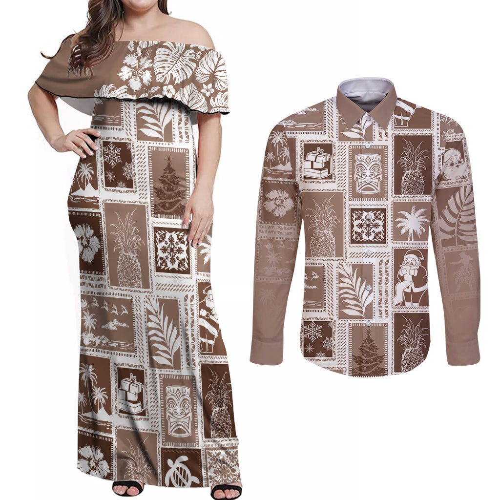 Hawaii Christmas Retro Patchwork Couples Matching Off Shoulder Maxi Dress and Long Sleeve Button Shirt Brown LT7 - Wonder Print Shop