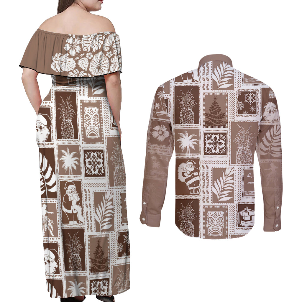 Hawaii Christmas Retro Patchwork Couples Matching Off Shoulder Maxi Dress and Long Sleeve Button Shirt Brown LT7 - Wonder Print Shop