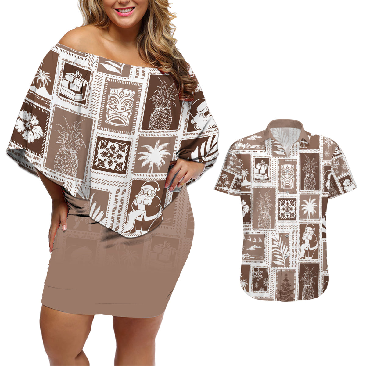 Hawaii Christmas Retro Patchwork Couples Matching Off Shoulder Short Dress and Hawaiian Shirt Brown LT7 - Wonder Print Shop