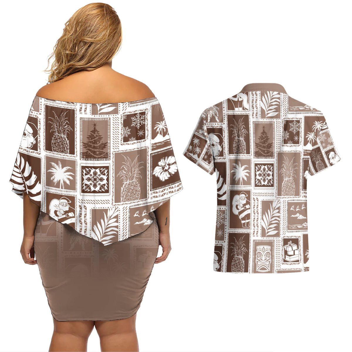 Hawaii Christmas Retro Patchwork Couples Matching Off Shoulder Short Dress and Hawaiian Shirt Brown LT7 - Wonder Print Shop
