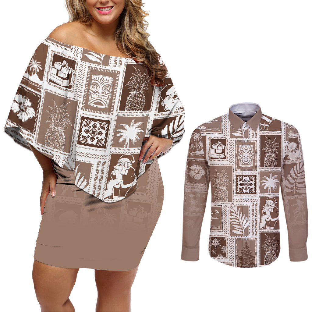Hawaii Christmas Retro Patchwork Couples Matching Off Shoulder Short Dress and Long Sleeve Button Shirt Brown LT7 - Wonder Print Shop