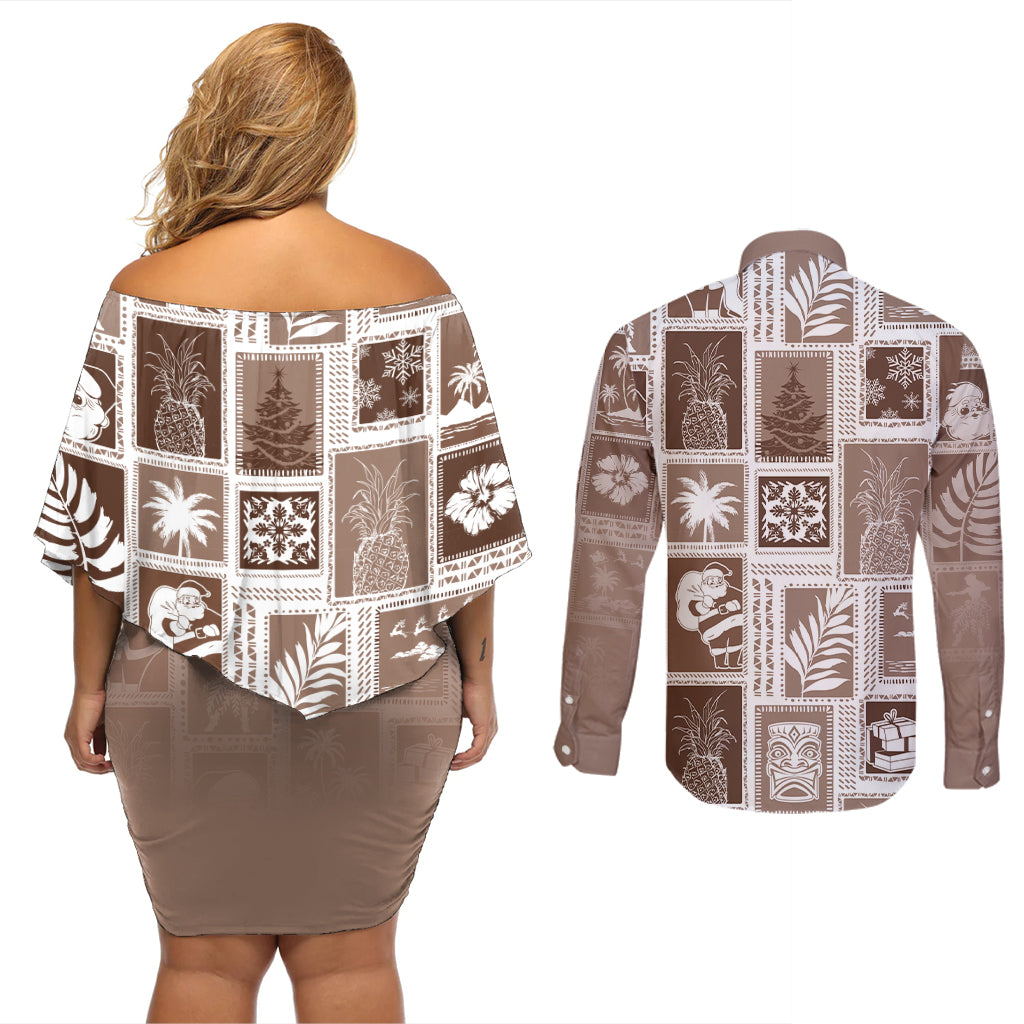 Hawaii Christmas Retro Patchwork Couples Matching Off Shoulder Short Dress and Long Sleeve Button Shirt Brown LT7 - Wonder Print Shop
