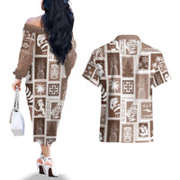 Hawaii Christmas Retro Patchwork Couples Matching Off The Shoulder Long Sleeve Dress and Hawaiian Shirt Brown LT7 - Wonder Print Shop