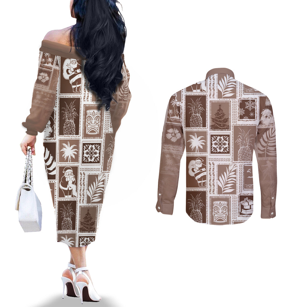 hawaii-christmas-retro-patchwork-couples-matching-off-the-shoulder-long-sleeve-dress-and-long-sleeve-button-shirt-brown