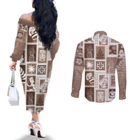 hawaii-christmas-retro-patchwork-couples-matching-off-the-shoulder-long-sleeve-dress-and-long-sleeve-button-shirt-brown