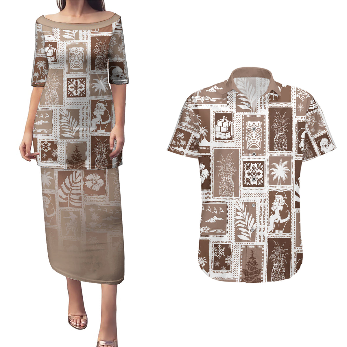 Hawaii Christmas Retro Patchwork Couples Matching Puletasi Dress and Hawaiian Shirt Brown LT7 - Wonder Print Shop