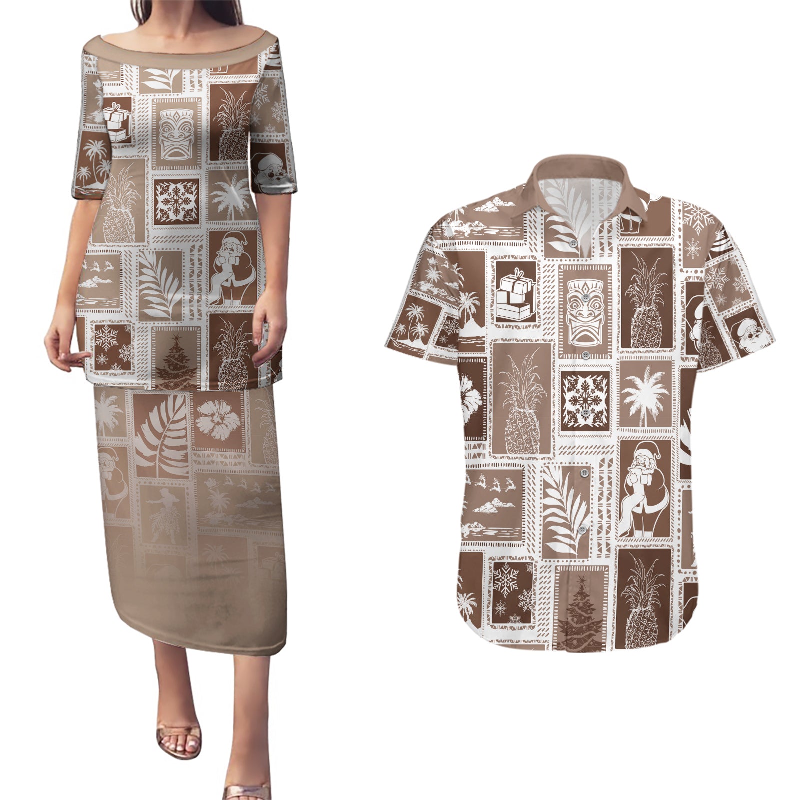 Hawaii Christmas Retro Patchwork Couples Matching Puletasi Dress and Hawaiian Shirt Brown LT7 - Wonder Print Shop