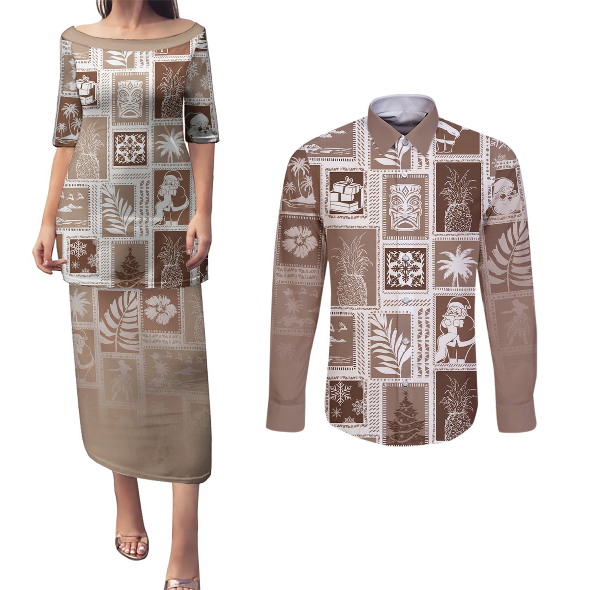 Hawaii Christmas Retro Patchwork Couples Matching Puletasi Dress and Long Sleeve Button Shirt Brown LT7 - Wonder Print Shop