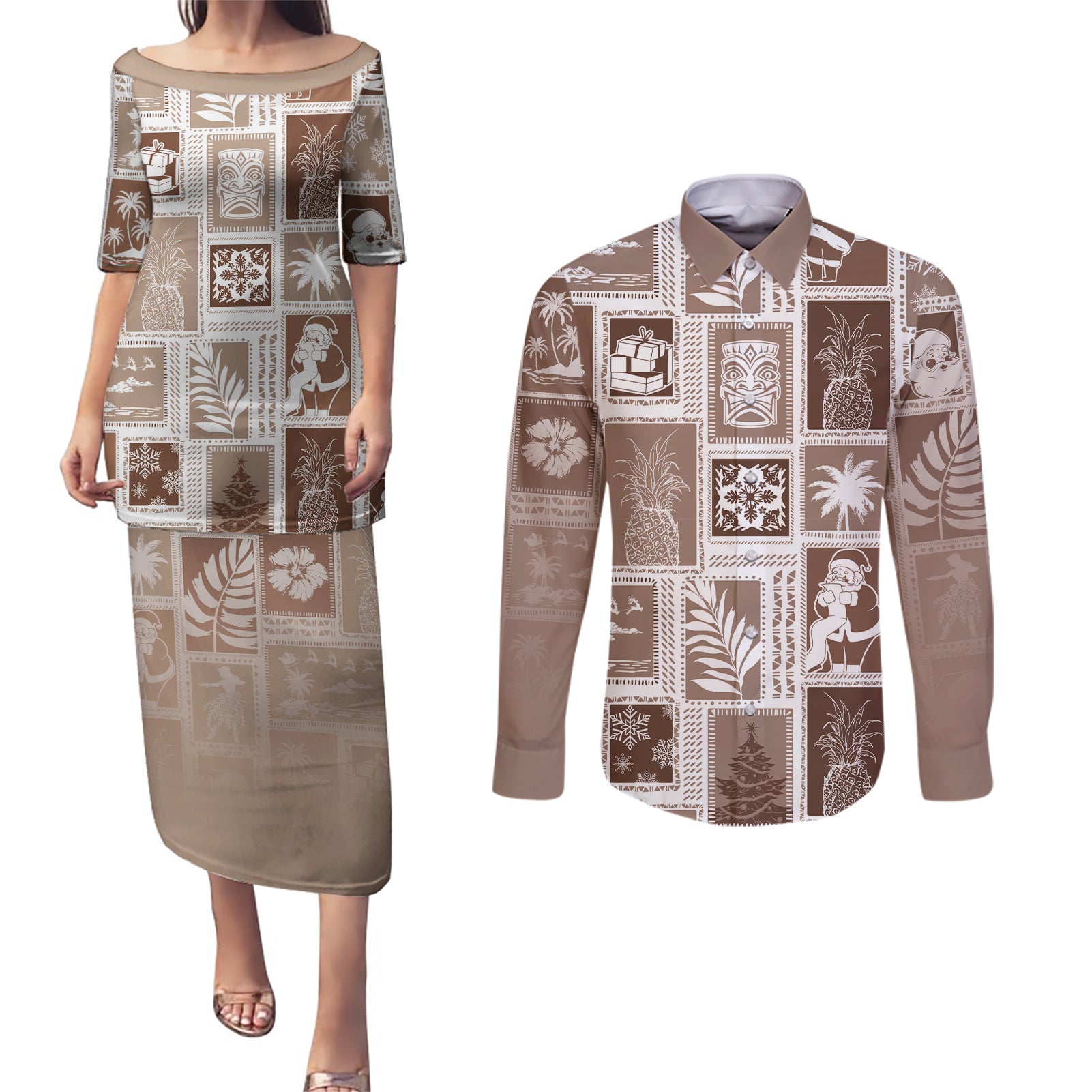 Hawaii Christmas Retro Patchwork Couples Matching Puletasi Dress and Long Sleeve Button Shirt Brown LT7 - Wonder Print Shop