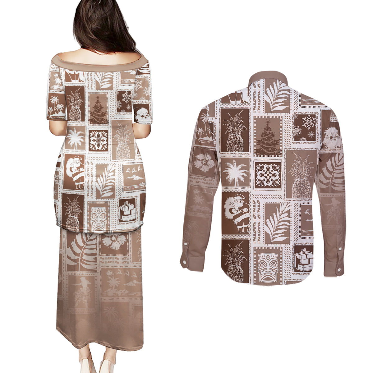 Hawaii Christmas Retro Patchwork Couples Matching Puletasi Dress and Long Sleeve Button Shirt Brown LT7 - Wonder Print Shop