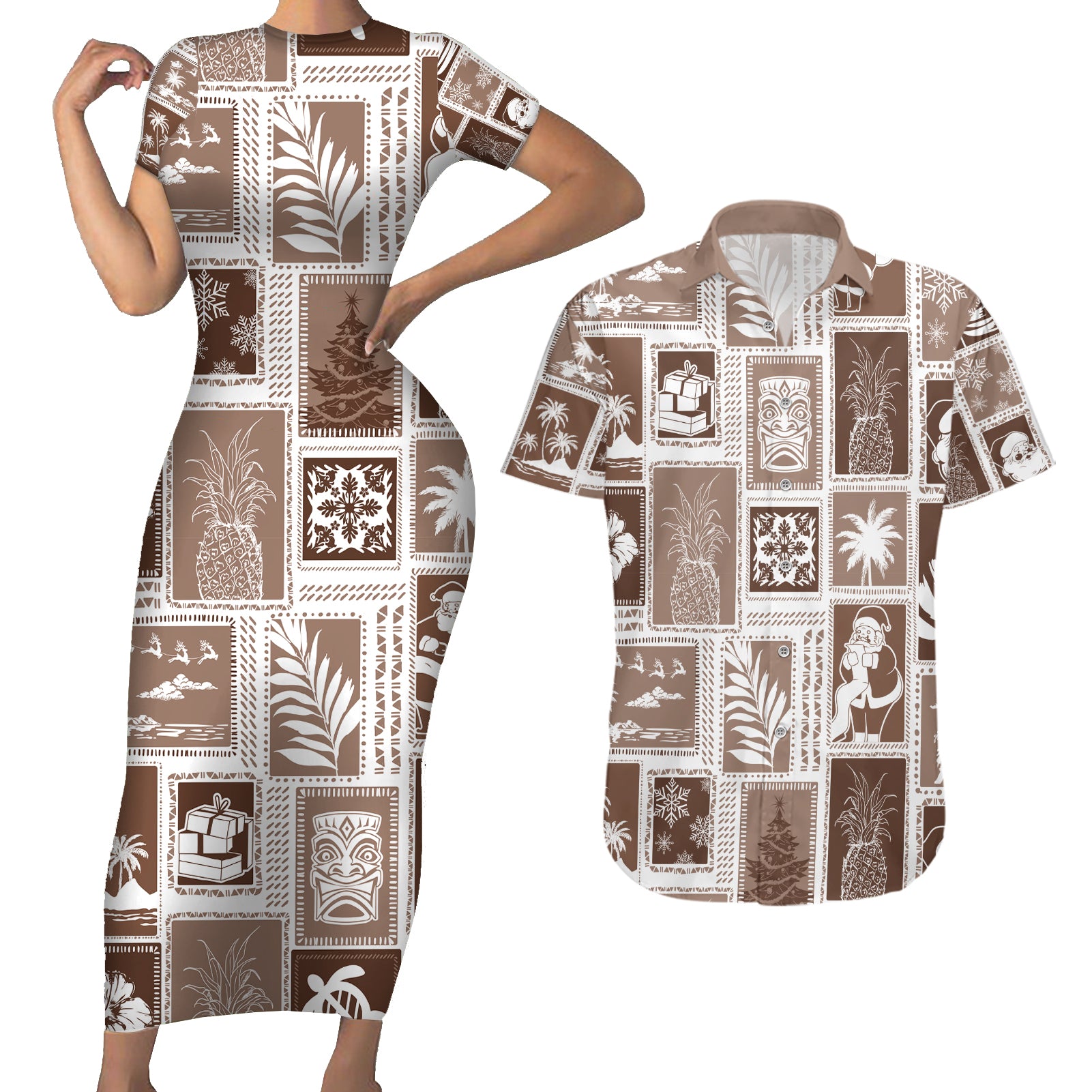 Hawaii Christmas Retro Patchwork Couples Matching Short Sleeve Bodycon Dress and Hawaiian Shirt Brown LT7 - Wonder Print Shop