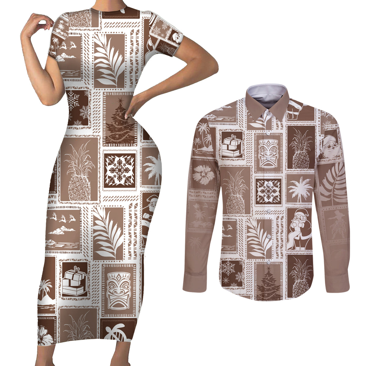 Hawaii Christmas Retro Patchwork Couples Matching Short Sleeve Bodycon Dress and Long Sleeve Button Shirt Brown LT7 - Wonder Print Shop