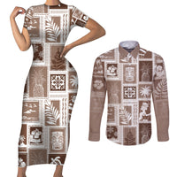 Hawaii Christmas Retro Patchwork Couples Matching Short Sleeve Bodycon Dress and Long Sleeve Button Shirt Brown LT7 - Wonder Print Shop