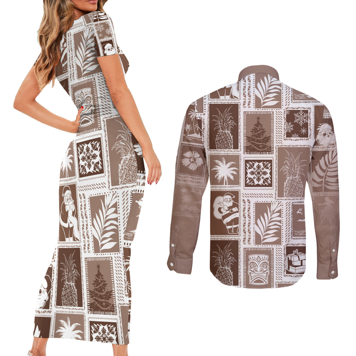 Hawaii Christmas Retro Patchwork Couples Matching Short Sleeve Bodycon Dress and Long Sleeve Button Shirt Brown LT7 - Wonder Print Shop