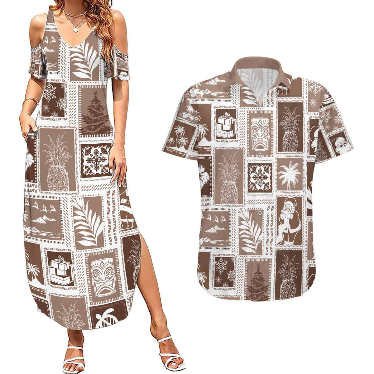 Hawaii Christmas Retro Patchwork Couples Matching Summer Maxi Dress and Hawaiian Shirt Brown LT7 - Wonder Print Shop