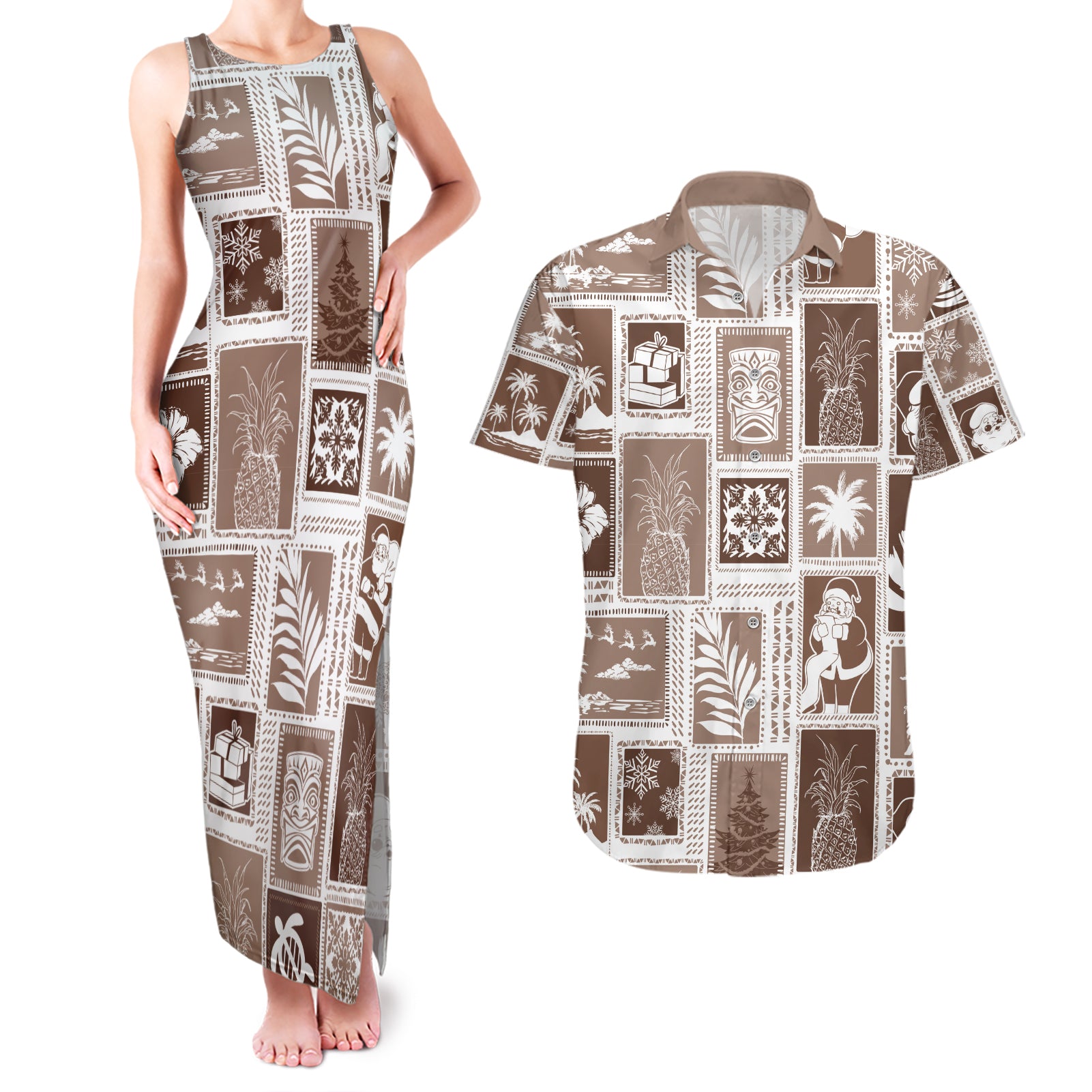 Hawaii Christmas Retro Patchwork Couples Matching Tank Maxi Dress and Hawaiian Shirt Brown LT7 - Wonder Print Shop