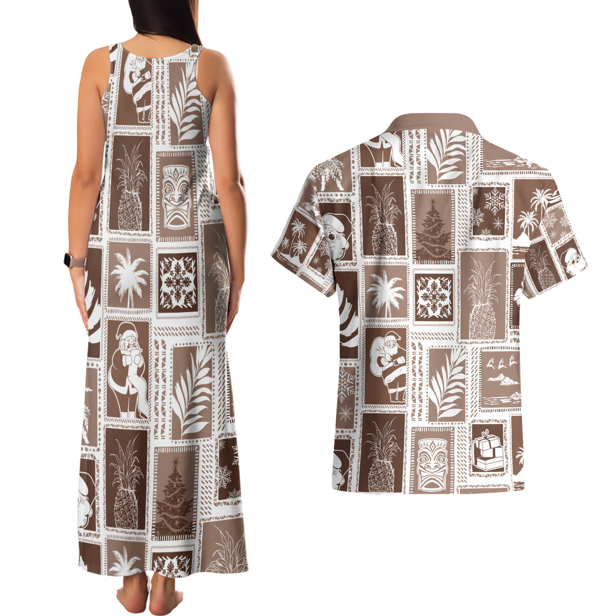 Hawaii Christmas Retro Patchwork Couples Matching Tank Maxi Dress and Hawaiian Shirt Brown LT7 - Wonder Print Shop