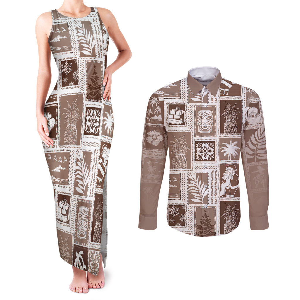 Hawaii Christmas Retro Patchwork Couples Matching Tank Maxi Dress and Long Sleeve Button Shirt Brown LT7 - Wonder Print Shop