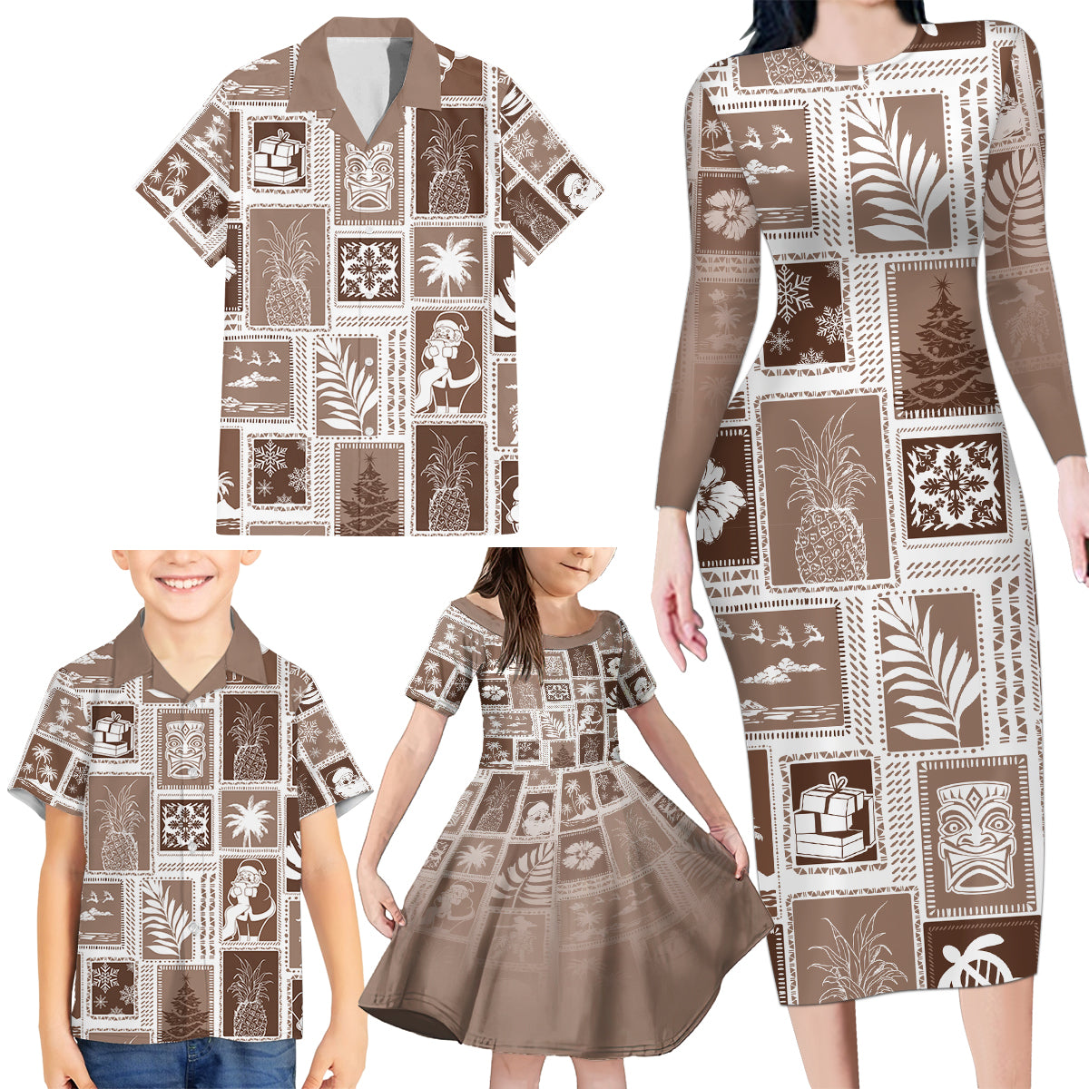 Hawaii Christmas Retro Patchwork Family Matching Long Sleeve Bodycon Dress and Hawaiian Shirt Brown LT7 - Wonder Print Shop