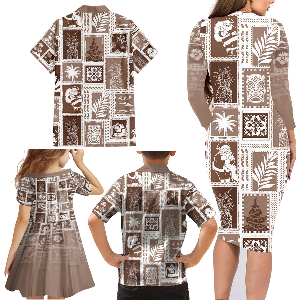 Hawaii Christmas Retro Patchwork Family Matching Long Sleeve Bodycon Dress and Hawaiian Shirt Brown LT7 - Wonder Print Shop