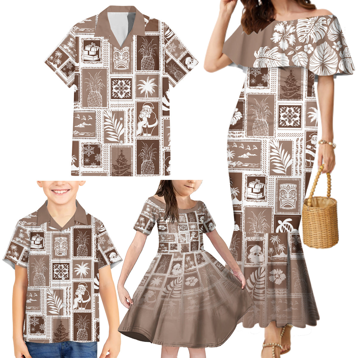 Hawaii Christmas Retro Patchwork Family Matching Mermaid Dress and Hawaiian Shirt Brown LT7 - Wonder Print Shop