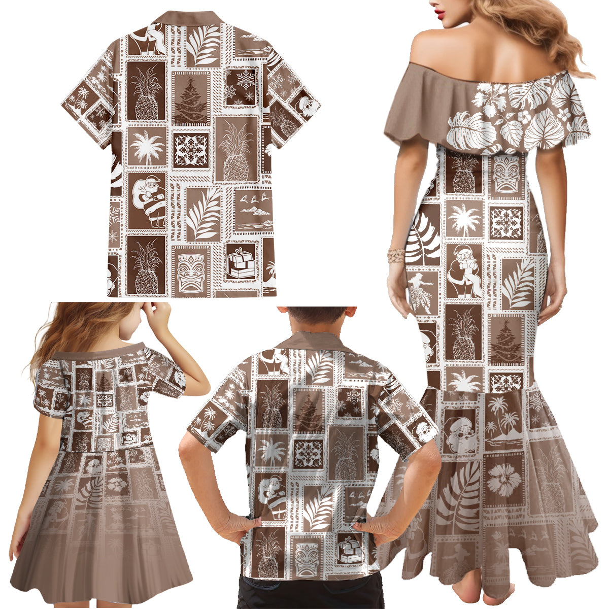 Hawaii Christmas Retro Patchwork Family Matching Mermaid Dress and Hawaiian Shirt Brown LT7 - Wonder Print Shop