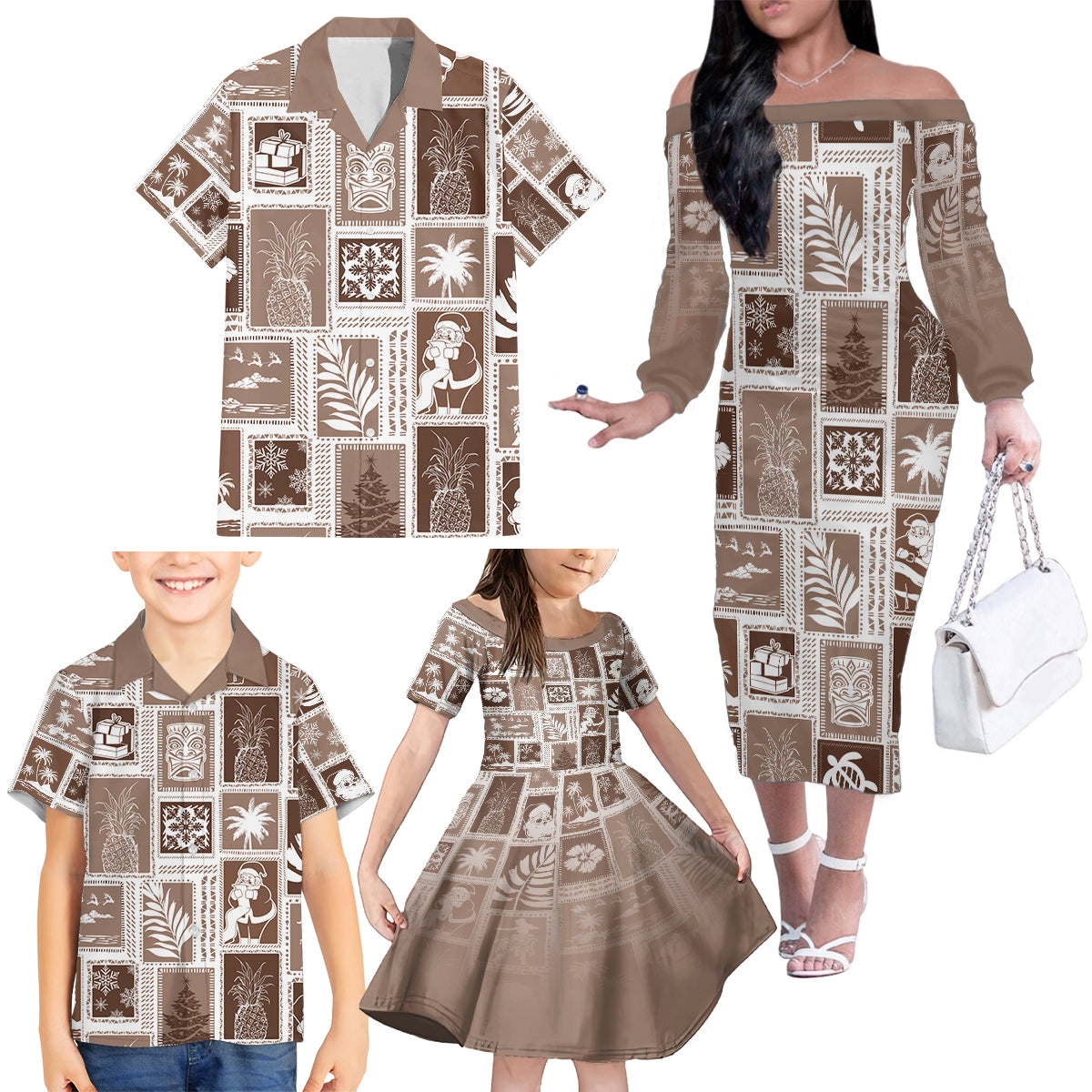 Hawaii Christmas Retro Patchwork Family Matching Off Shoulder Long Sleeve Dress and Hawaiian Shirt Brown - Wonder Print Shop
