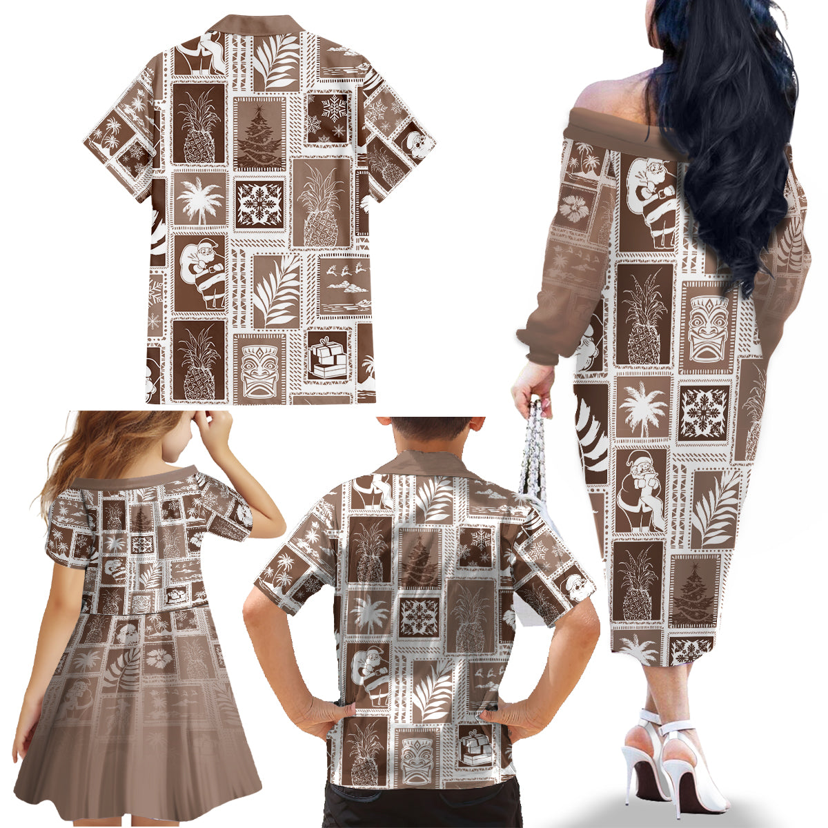 Hawaii Christmas Retro Patchwork Family Matching Off Shoulder Long Sleeve Dress and Hawaiian Shirt Brown - Wonder Print Shop