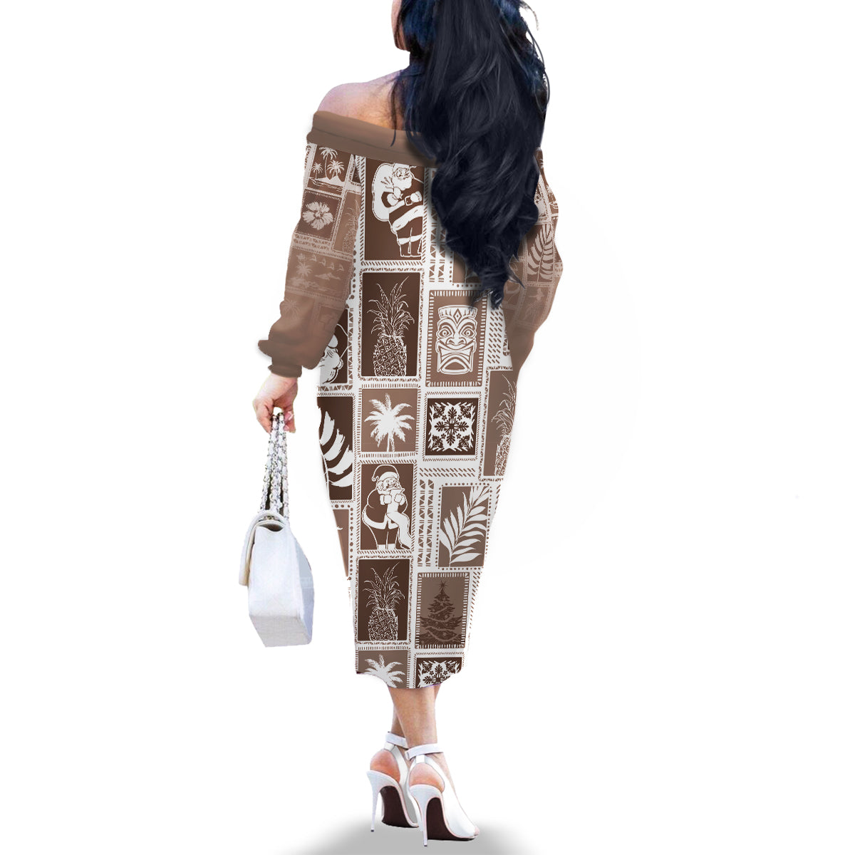 Hawaii Christmas Retro Patchwork Family Matching Off Shoulder Long Sleeve Dress and Hawaiian Shirt Brown - Wonder Print Shop