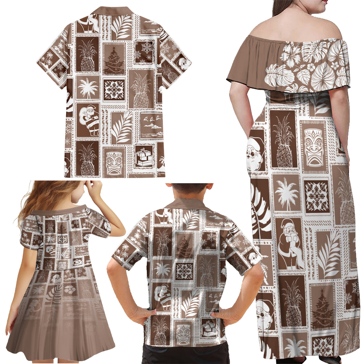 Hawaii Christmas Retro Patchwork Family Matching Off Shoulder Maxi Dress and Hawaiian Shirt Brown LT7 - Wonder Print Shop