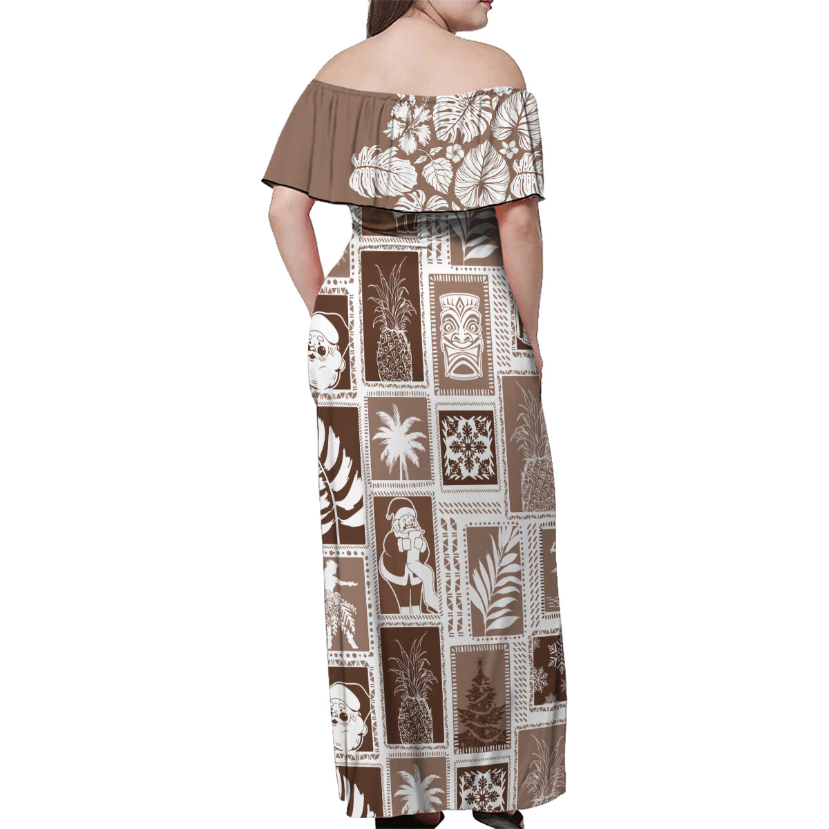 Hawaii Christmas Retro Patchwork Family Matching Off Shoulder Maxi Dress and Hawaiian Shirt Brown LT7 - Wonder Print Shop