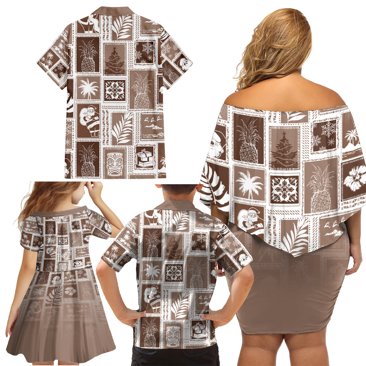 Hawaii Christmas Retro Patchwork Family Matching Off Shoulder Short Dress and Hawaiian Shirt Brown LT7 - Wonder Print Shop
