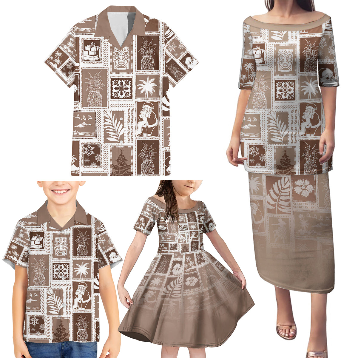 Hawaii Christmas Retro Patchwork Family Matching Puletasi Dress and Hawaiian Shirt Brown - Wonder Print Shop