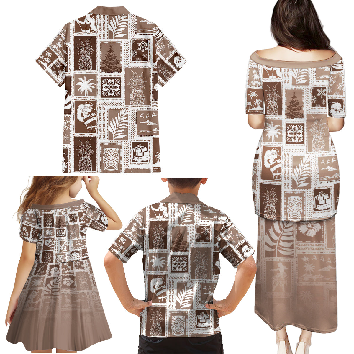 Hawaii Christmas Retro Patchwork Family Matching Puletasi Dress and Hawaiian Shirt Brown - Wonder Print Shop