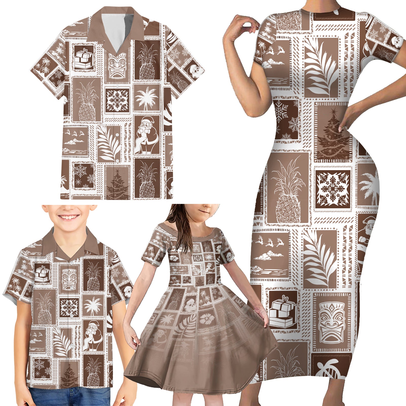 Hawaii Christmas Retro Patchwork Family Matching Short Sleeve Bodycon Dress and Hawaiian Shirt Brown - Wonder Print Shop