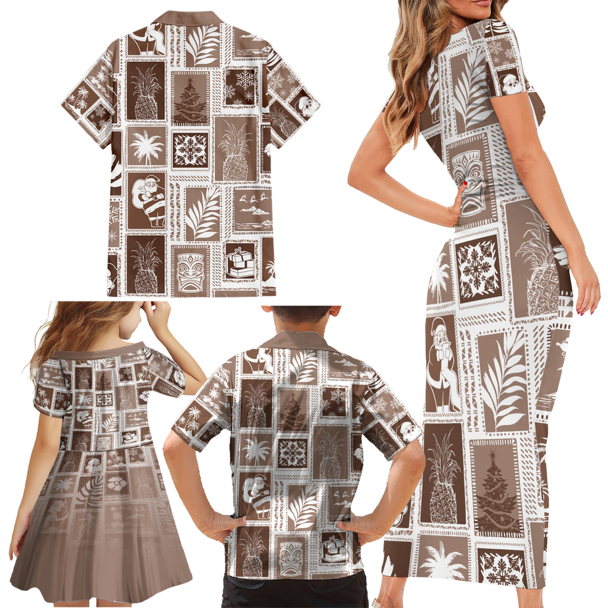 Hawaii Christmas Retro Patchwork Family Matching Short Sleeve Bodycon Dress and Hawaiian Shirt Brown - Wonder Print Shop